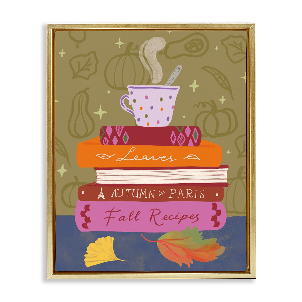 Stupell Industries Autumnal Mug on Bookstack Floater Framed Canvas Wall Art Design by Be Ni La
